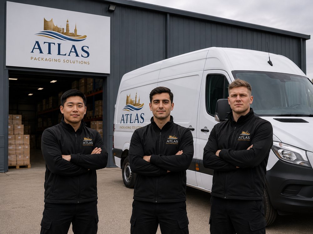 Das Team von Atlas Packaging Solutions vor dem Lager